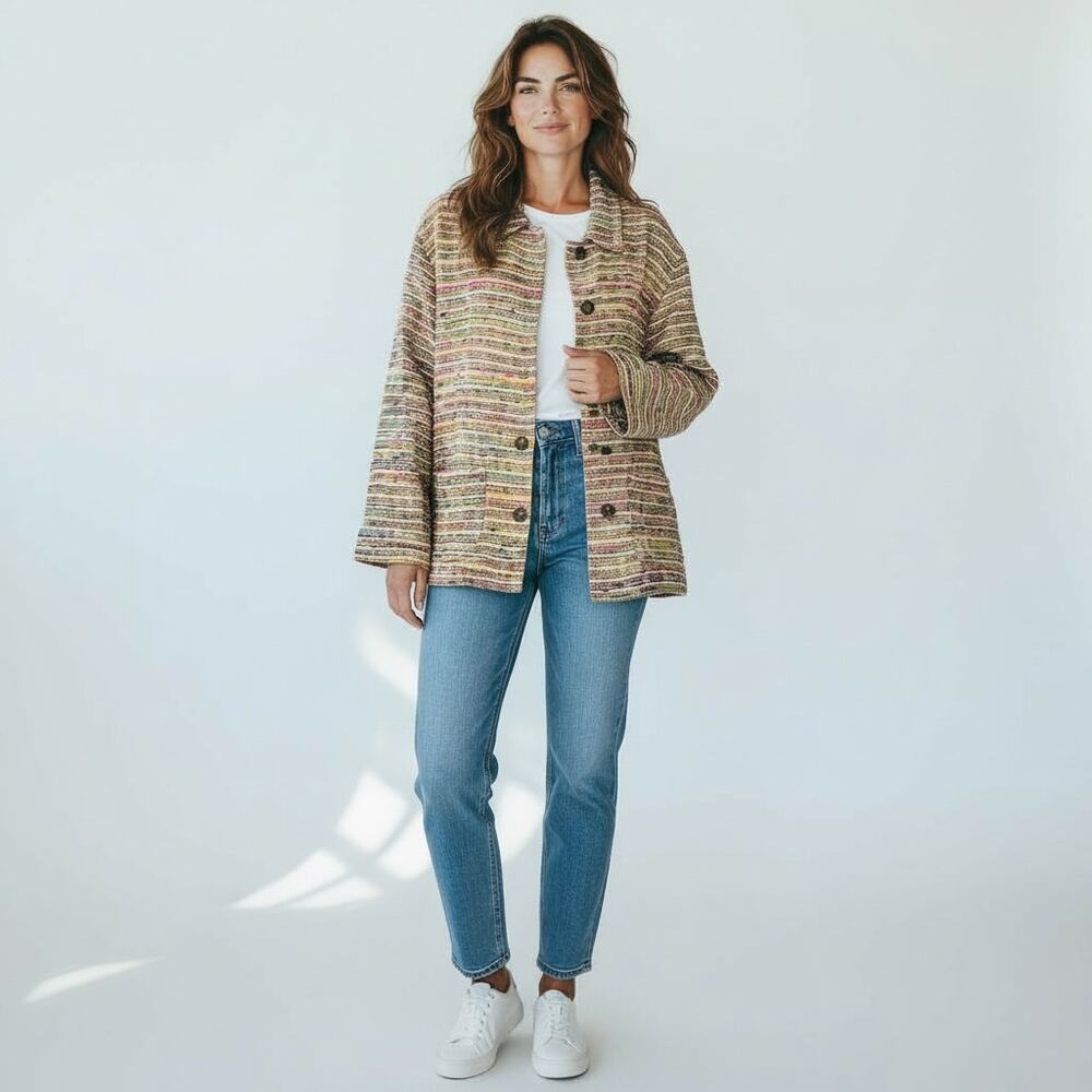 RACHEL BROOKE Silk Blend Jacket Chunky Woven Rainbow & Metallic Gold Threads XL